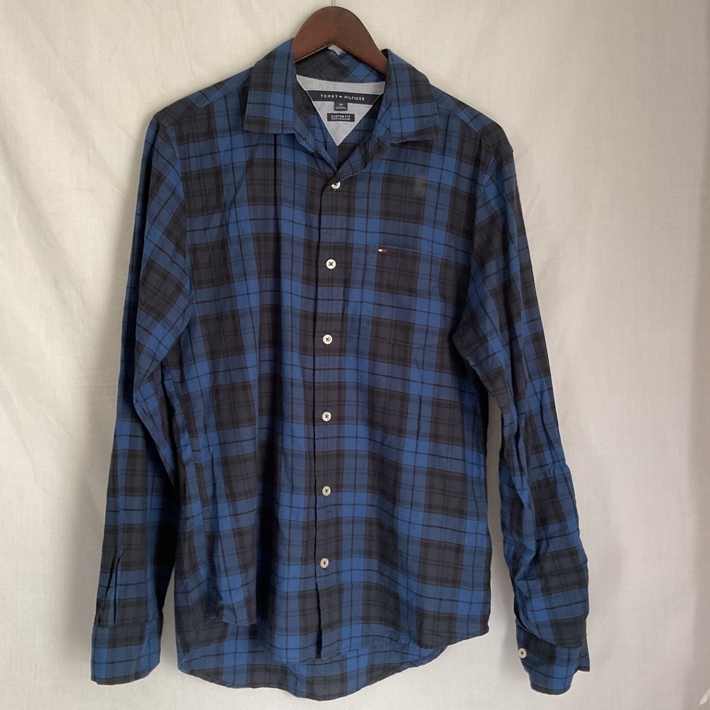 Tommy Hilfiger Custom Fit Plaid Flannel Shirt Long Sleeve Blue Black S